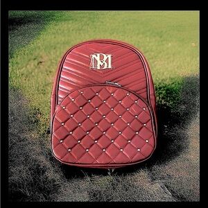 Badgley Mischka Plum Burgundy Quilted Vegan Leather Gold Studded Backpack NEW
